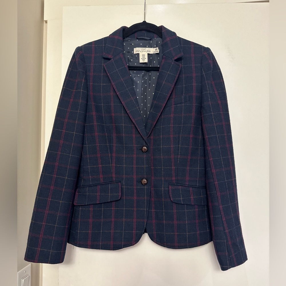 H&M Navy Blazer with Pink Windowpane Plaid